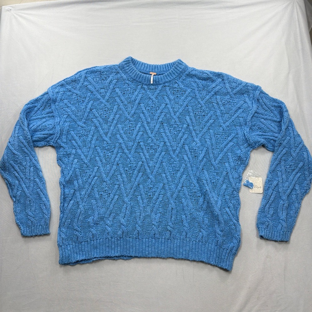Free People Sweater On A Boat Cable Knit Marine Blue Womens Large NWT